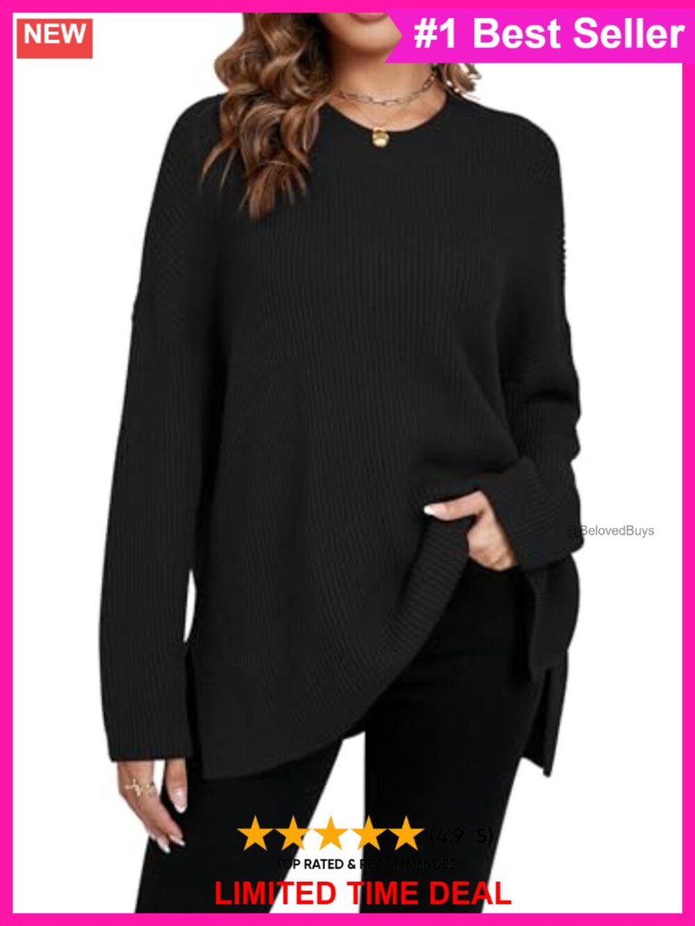 Oversized Chunky Knit Batwing Sweater Side Slit Tunic Pullover